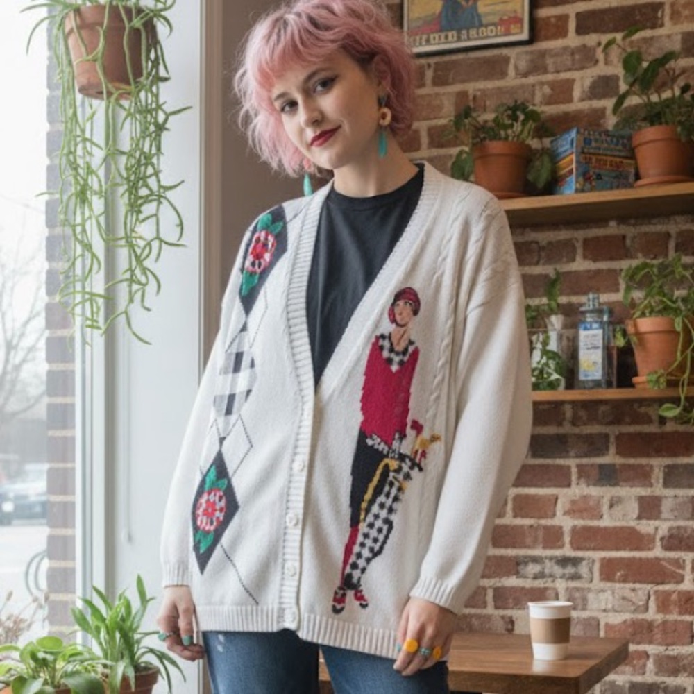 EP Pro Vintage Golf Cardigan Argyle Female Golfer Large
